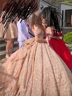 Princess-Style Rose Pink Sparkle Ball Gown Dress with Off-Shoulder Sleeves